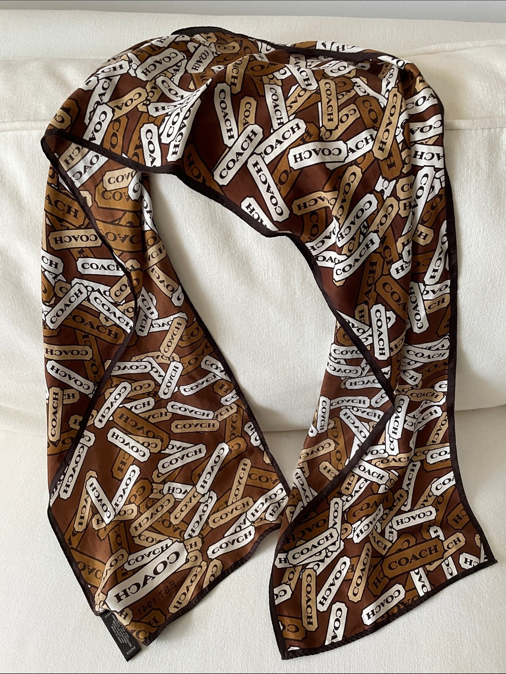 Coach Brown, Tan & White Logo Silk Scarf